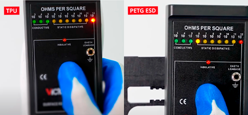 Der Oberflächenwiderstand eines nicht ESD-sicheren Materials im Vergleich zu Raise 3D PETG ESD